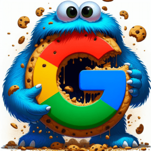 a cookie monster eating the Google logo