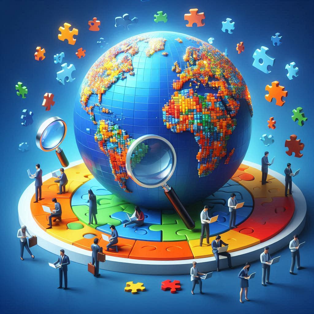 Globe surrounded by people and jigsaw puzzle pieces with a magnifying glass.